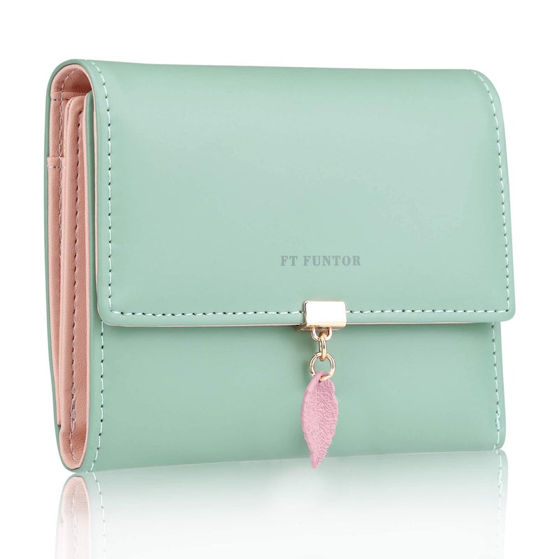 FT FUNTOR RFID Wallets for Women, Leaf Card Holder Trifold Ladies Wallets Coins Zipper Pocket with ID Window Green - Image 1